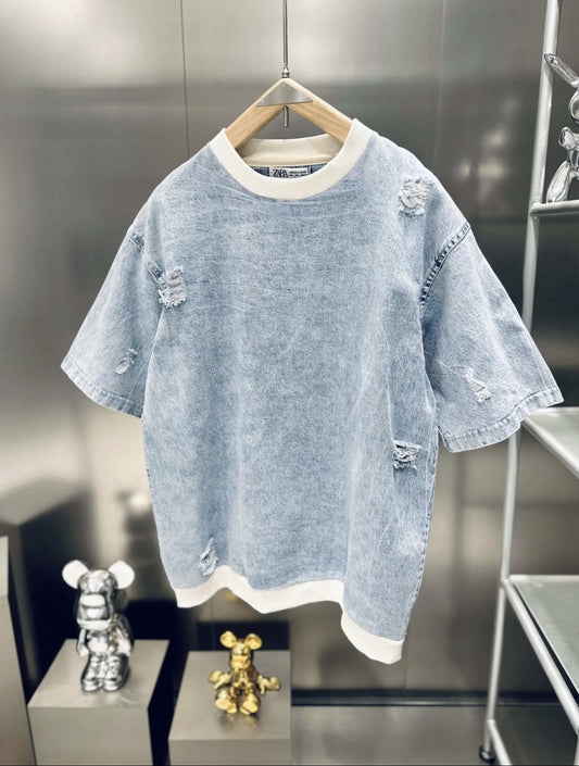Distressed Denim Tee – Light Wash